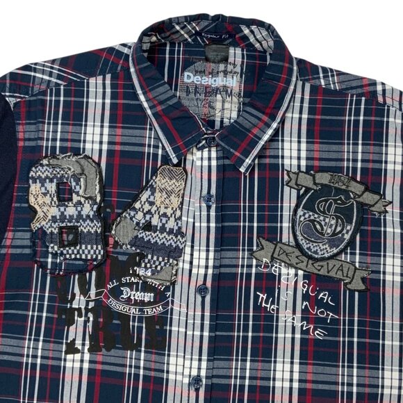 Desigual Button Front Shirt L Blue Plaid Knit Long Sleeve Elbow Patch Graphics - Picture 6 of 11